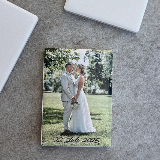 Personalisierter Keramikmagnet mit Wunschfoto und Schriftzug